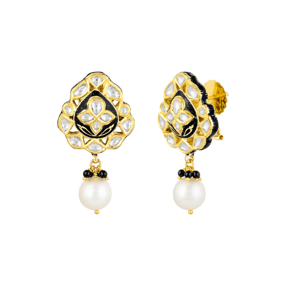 Polki Earrings with Black Enamel, Floral Motif & Pearl Drop